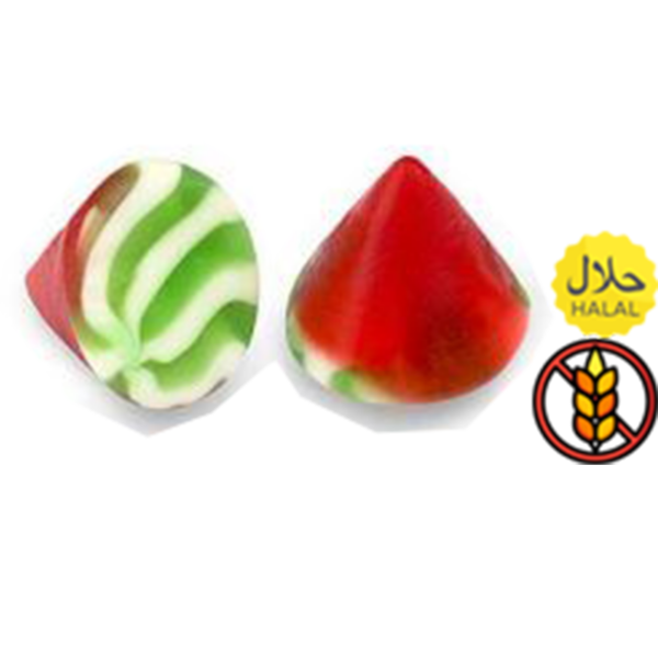 Bonbon en forme de piramine rouge et sur la base rayer vert et blanc gout pastèque bonbons halal et sans gluten,