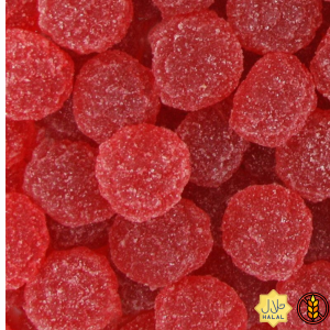 Bonbons rouges à la fraise, texture sucrée et brillante, présentés avec les labels halal et sans gluten.