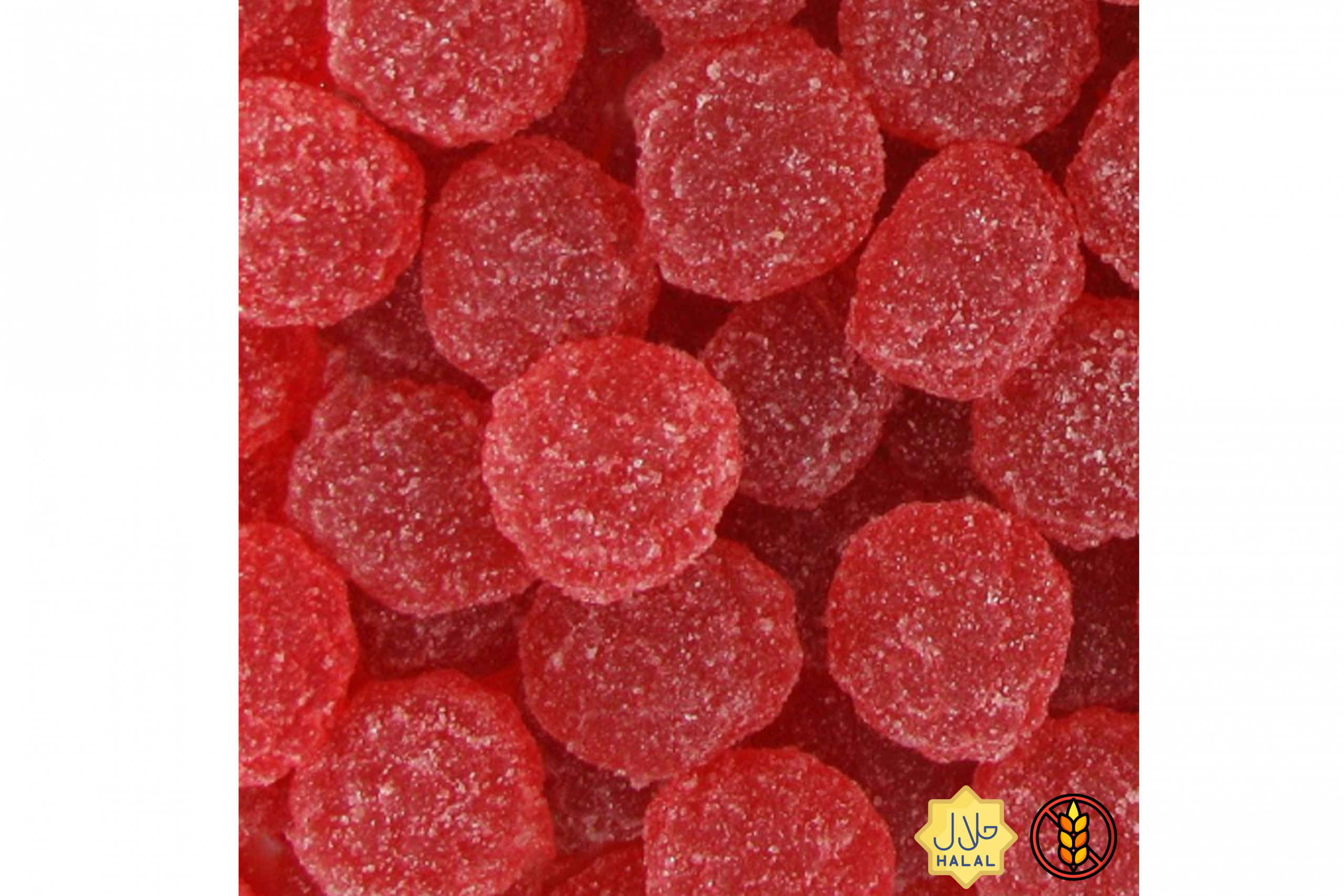 Bonbons rouges à la fraise, texture sucrée et brillante, présentés avec les labels halal et sans gluten.