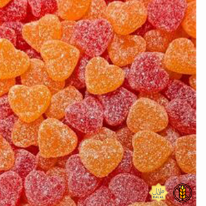 Bonbons en forme de cœur, rouges et orange, enrobés de sucre, avec logos halal et sans gluten.